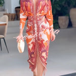 Brazilian Style Unique Print Dolman Long Sleeve Ruched Slit Midi Dress