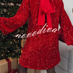 Velvet Sequin Back Bow Bell Sleeves Loose Mini Dress