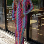 Eleanor Knit Colorful Wave Unique Print Shirt U-neck Long Sleeve Slit Maxi Dress