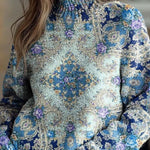 Floral Pattern High-Neck Long-Sleeved Loose Sweatshirt