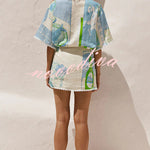 Pierre Linen Blend Ric Rac Trims Unique Print Short Sleeve Shirt and Wrap Tie-up Mini Skirt Set
