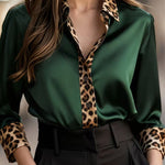 Satin Leopard Print Patchwork Casual Long-sleeved Shirt