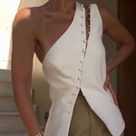 Full of Design Solid Color One Shoulder Asymmetric Slit Button Casual Vest