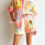 Lily Song Linen Blend Unique Print Short Sleeve Shirt and Belted Pocket Shorts Set