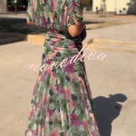 Unique Printed V-Neck Waisted Mesh Holiday Maxi Dress