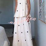 Linen Blend Polka Dot Bandeau Top and Elastic Waist Pocket Wide Leg Pants Set