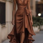Solid Color Elegant V-neck Waist Irregular Ruffle Maxi Dress