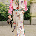 Mystery World Linen Blend Unique Print Loose Blouse and Elastic Waist Pocketed Pants Set