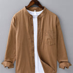 Long sleeve linen cotton S<tc>light brown</tc>shirt with D-neck collar and pocket