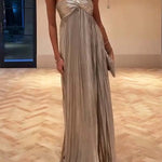 Night Elf Metallic Fabric Pleated Off Shoulder Twist Bust Slit Maxi Dress