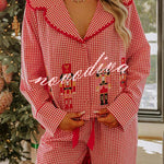 Nutcracker Charm Embroidered Gingham Loose Shirt and Elastic Waist Pajama Set