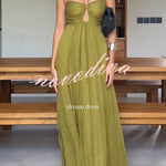 Soft and Elegant Metal Hollow Design Back Smocked A-line Slip Maxi Dress