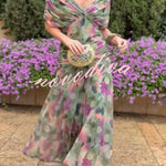 Unique Printed V-Neck Waisted Mesh Holiday Maxi Dress