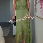Modern Muse Satin Lace Trim Pleated Neck Top and A-line Irregular Slit Skirt Set