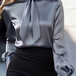 Solid Color Satin Long-sleeved Casual Tie-front Shirt