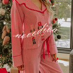 Nutcracker Charm Embroidered Gingham Loose Shirt and Elastic Waist Pajama Set