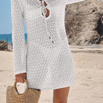 Solid Color Knit Hollow V-Neck Tie Long Sleeve Cover Up Mini Dress