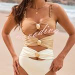Fashionable Color-blocked Metal Button Stretch One-piece Swimsuit