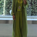 Solid Color Long Cardigan + Round Neck Casual Top and Elastic Waist Wide Leg Pants Three-piece Set