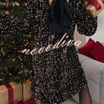 Velvet Sequin Back Bow Bell Sleeves Loose Mini Dress