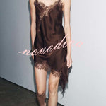 Elouise Satin Lace Trim V-neck Asymmetrical Hem Slip Mini Dress