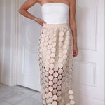 Casie See Through Circle Embroidery Elastic Waist Tassle Hem Maxi Skirt