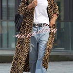 Be Free Velvet Leopard Print Long Sleeve Loose Midi Trench Coat