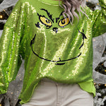Mr Grinch Sequin Unique Pattern Long Sleeve Loose Sweatshirt