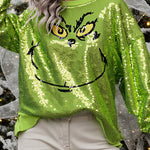 Mr Grinch Sequin Unique Pattern Long Sleeve Loose Sweatshirt