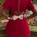 Sweet Moment Slit Short Sleeve Backless Removable Satin Bow Mini Dress