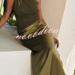 Kaia Satin Contrast Fabric Patchwork One Shoulder Ruched Maxi Dress