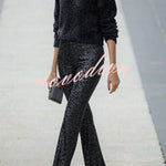 Diva Sequin High Rise Elastic Waist Flare Pants