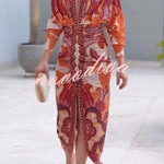 Brazilian Style Unique Print Dolman Long Sleeve Ruched Slit Midi Dress