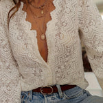 Fashionable Openwork Lace Long-sleeved V-neck Elegant Shirt