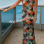 Little Mermaid Colorful Scales Print Halter Maxi Dress