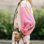 Mystery World Linen Blend Unique Print Loose Blouse and Elastic Waist Pocketed Pants Set
