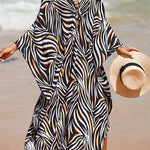 Simple Unique Printed Pleated Front Slit Cover Up