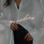 Fashion Sequin Lapel Long Sleeve Loose Shirt