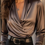 Solid Color Satin V-neck Long-sleeved Elegant Shirt