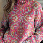 Floral Pattern High-Neck Long-Sleeved Loose Sweatshirt