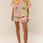 Lily Song Linen Blend Unique Print Short Sleeve Shirt and Belted Pocket Shorts Set