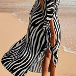Simple Unique Printed Pleated Front Slit Cover Up