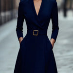 Solid Color V-neck Fitted Waist Long Sleeve Elegant Midi Dress