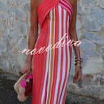 Sunset Breeze Linen Blend Colorful Stripes Cross Halter Flare Maxi Dress