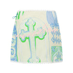 Pierre Linen Blend Ric Rac Trims Unique Print Short Sleeve Shirt and Wrap Tie-up Mini Skirt Set