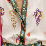 Mystery World Linen Blend Unique Print Loose Blouse and Elastic Waist Pocketed Pants Set