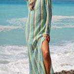 Eleanor Knit Colorful Wave Unique Print Shirt U-neck Long Sleeve Slit Maxi Dress