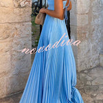 Caught Your Eyes Satin Pleated Cross Straps Cutout Flowing Maxi Dress