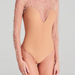 Romantic Mesh Pearl Embellished Long Sleeve Stretch Bodysuit