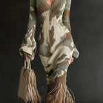 Unique Printed V-neck Long-sleeved Elegant Tassel Hem Midi Dress